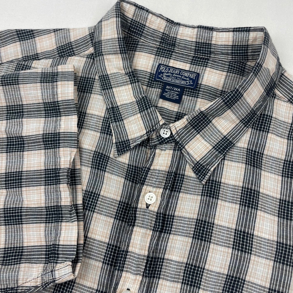 Vintage Polo Jeans Co Ralph Lauren Plaid Shirt Mens 3XT Blue Tan Short Sleeve